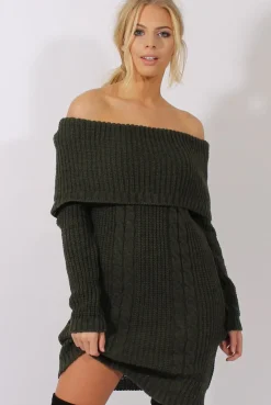 Rebellious Fashion Khaki Bardot Heavy Knit Jumper Dress - Suzy