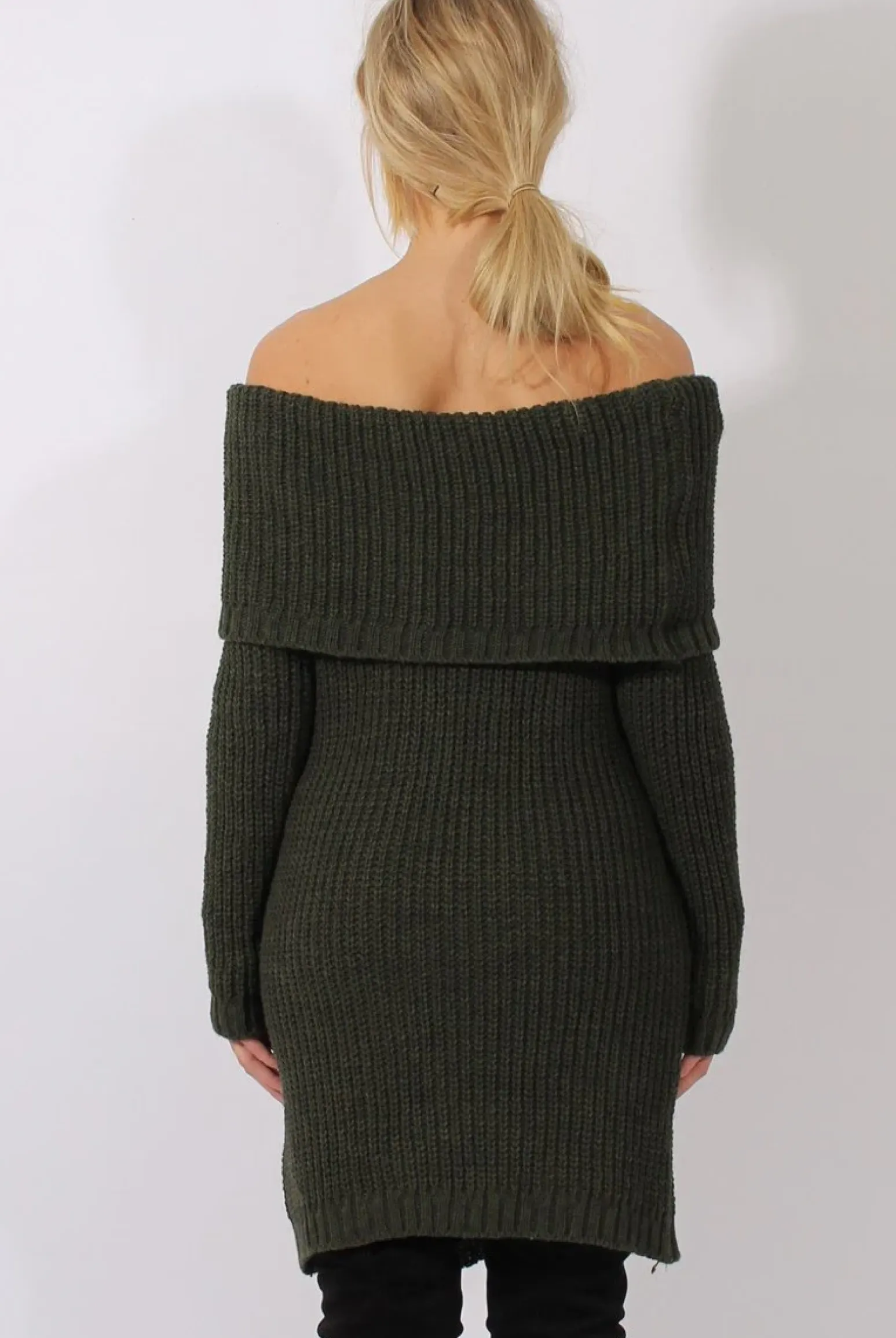 Rebellious Fashion Khaki Bardot Heavy Knit Jumper Dress - Suzy