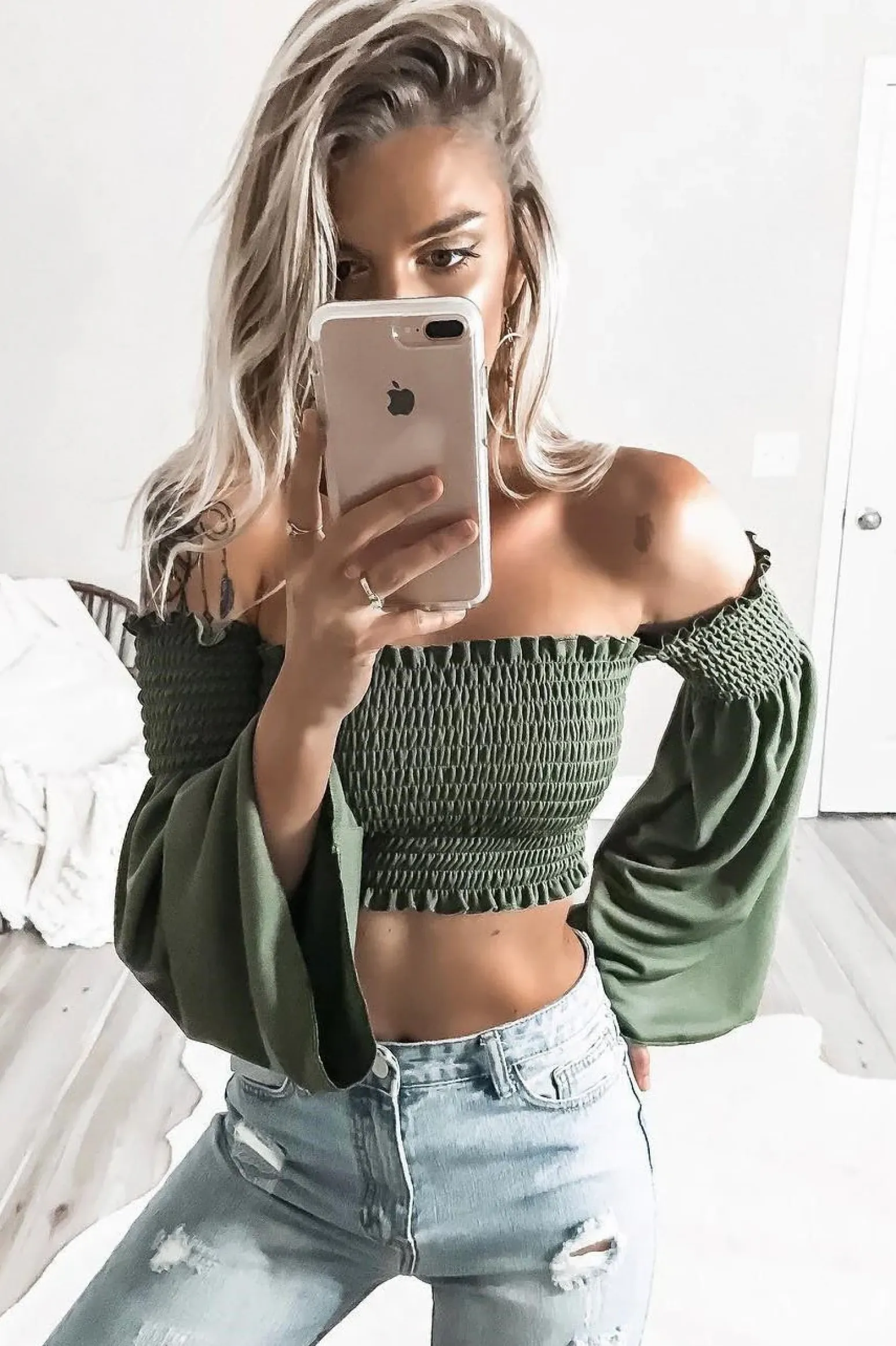 Rebellious Fashion Khaki Bardot Shirred Crop Top with Flared Sleeves - Shera