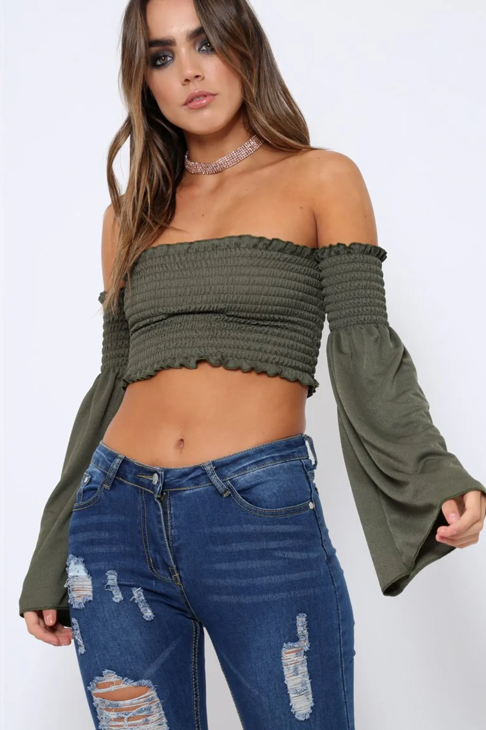 Rebellious Fashion Khaki Bardot Shirred Crop Top with Flared Sleeves - Shera