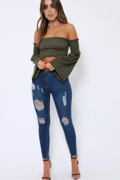 Rebellious Fashion Khaki Bardot Shirred Crop Top with Flared Sleeves - Shera