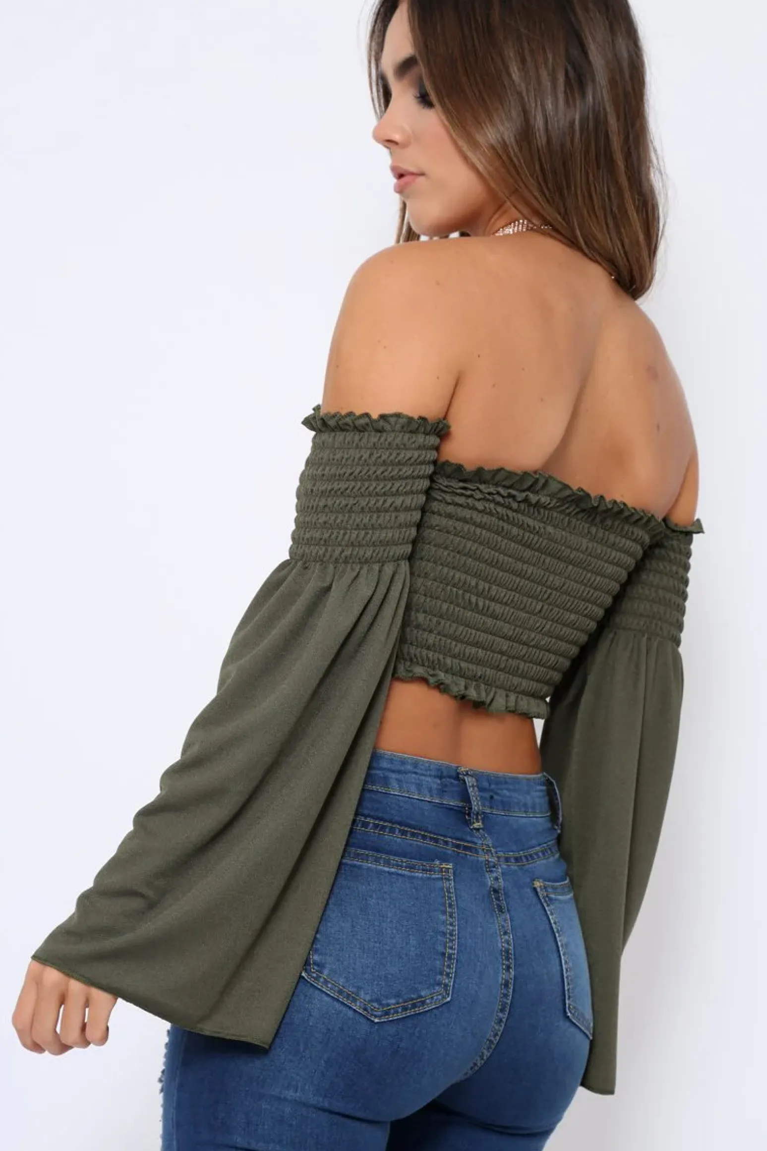 Rebellious Fashion Khaki Bardot Shirred Crop Top with Flared Sleeves - Shera