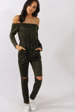 Rebellious Fashion Khaki Bardot Split Knee Jumpsuit - Coran