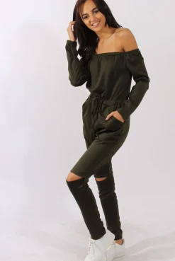 Rebellious Fashion Khaki Bardot Split Knee Jumpsuit - Coran