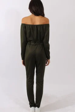 Rebellious Fashion Khaki Bardot Split Knee Jumpsuit - Coran