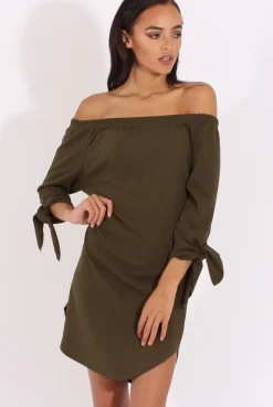 Rebellious Fashion Khaki Bardot Tie Cuffs Dress - Whitney