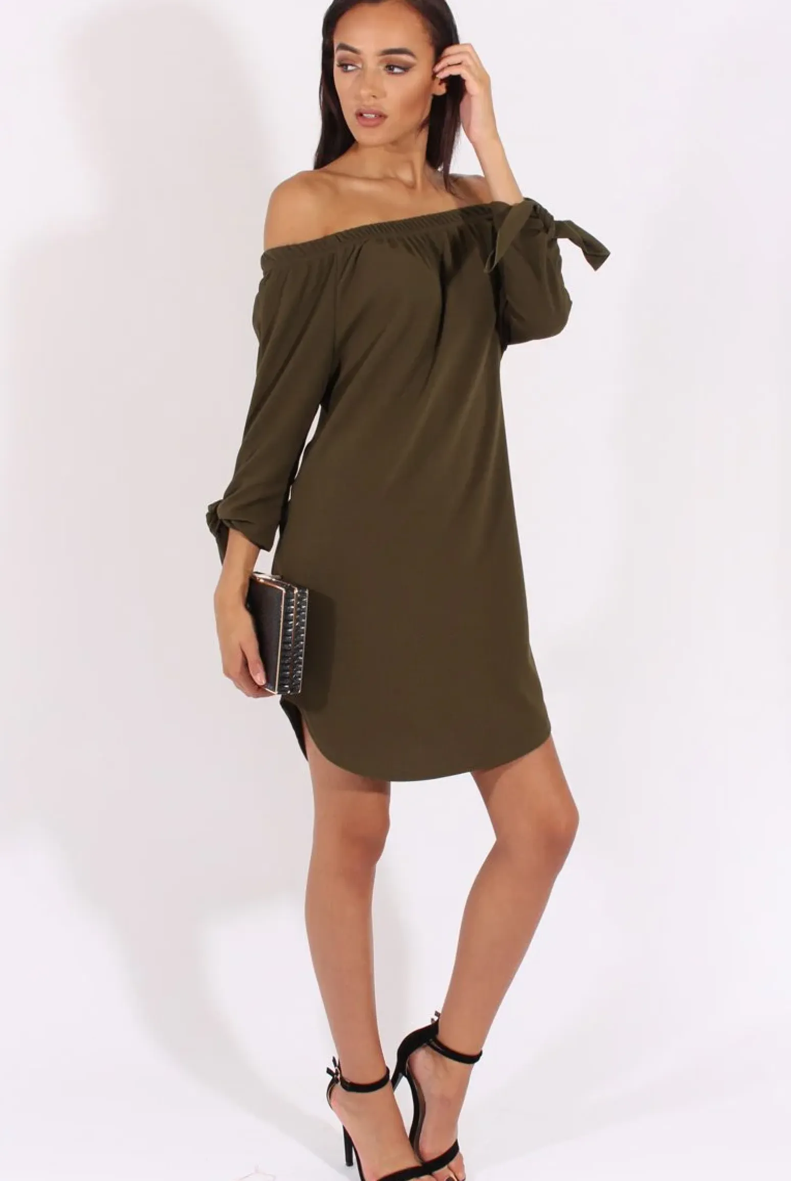 Rebellious Fashion Khaki Bardot Tie Cuffs Dress - Whitney