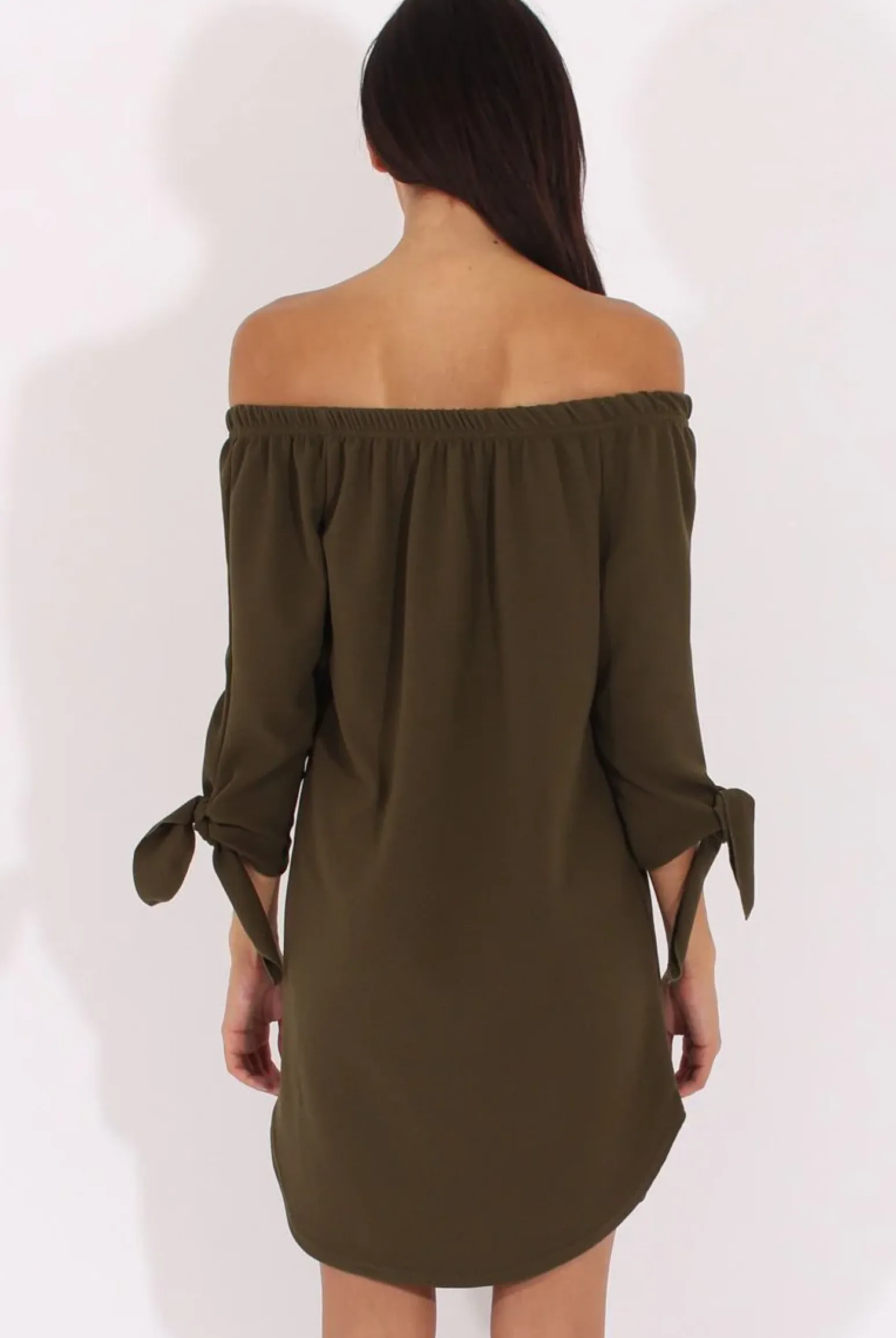 Rebellious Fashion Khaki Bardot Tie Cuffs Dress - Whitney