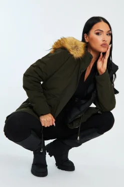 Rebellious Fashion Khaki Black Reversible Fur Hood Parka Jacket - Cambri