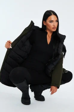 Rebellious Fashion Khaki Black Reversible Fur Hood Parka Jacket - Cambri