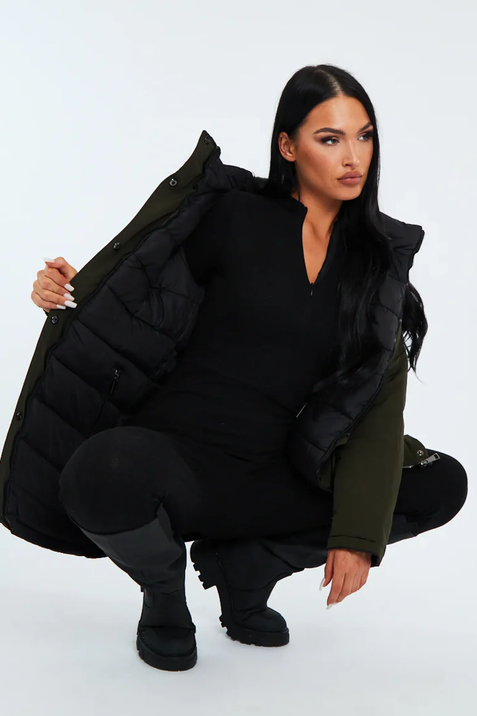 Rebellious Fashion Khaki Black Reversible Fur Hood Parka Jacket - Cambri