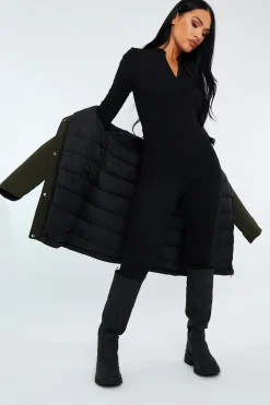 Rebellious Fashion Khaki Black Reversible Fur Hood Parka Jacket - Cambri
