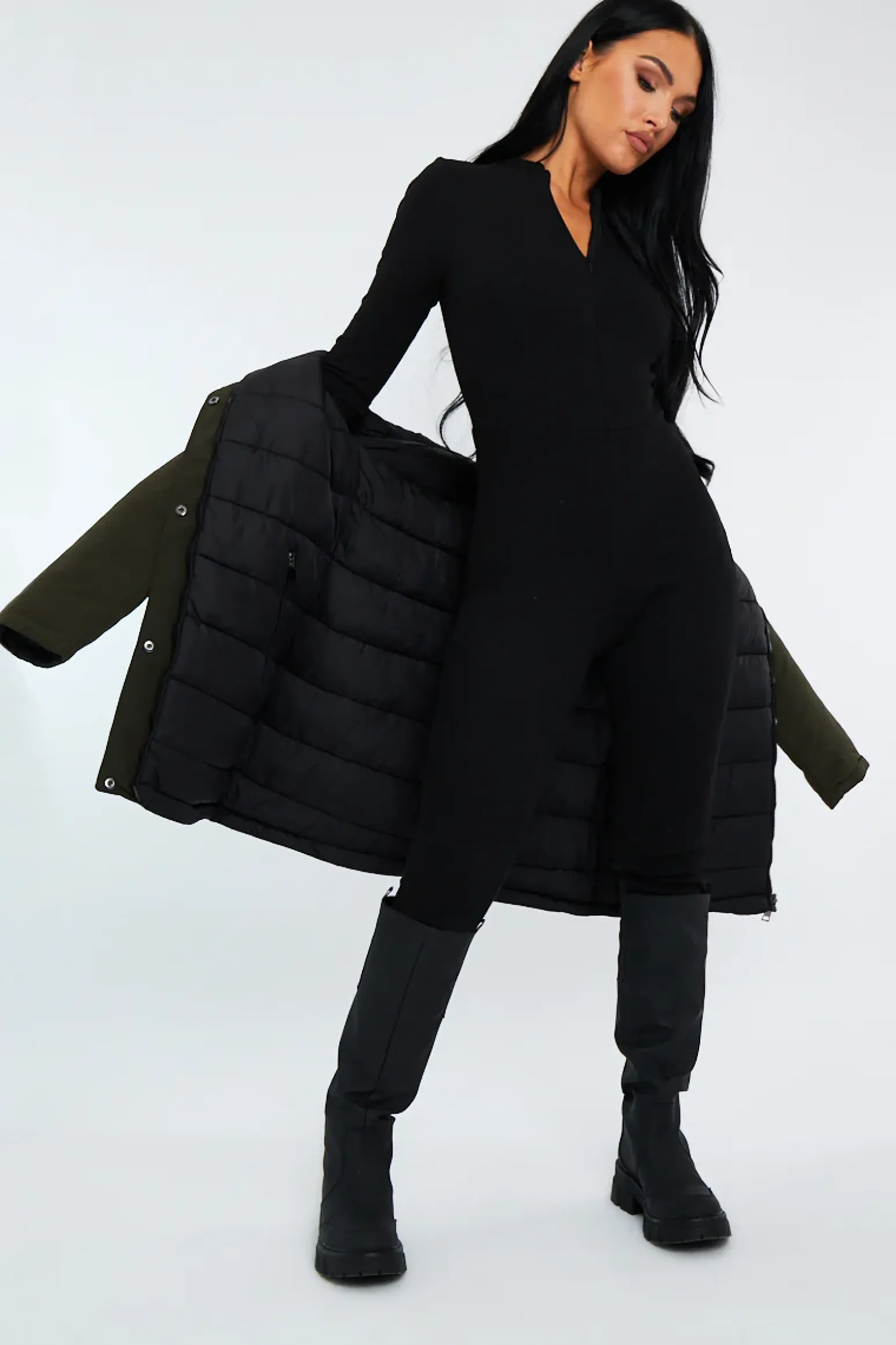 Rebellious Fashion Khaki Black Reversible Fur Hood Parka Jacket - Cambri