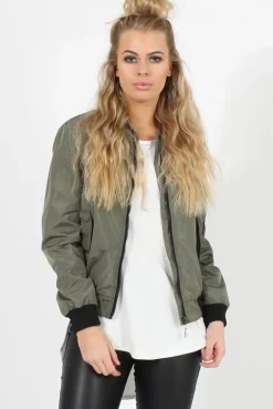 Rebellious Fashion Khaki Black Zip Bomber Jacket - Minah
