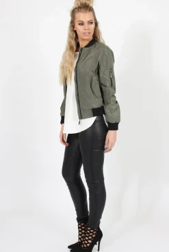 Rebellious Fashion Khaki Black Zip Bomber Jacket - Minah