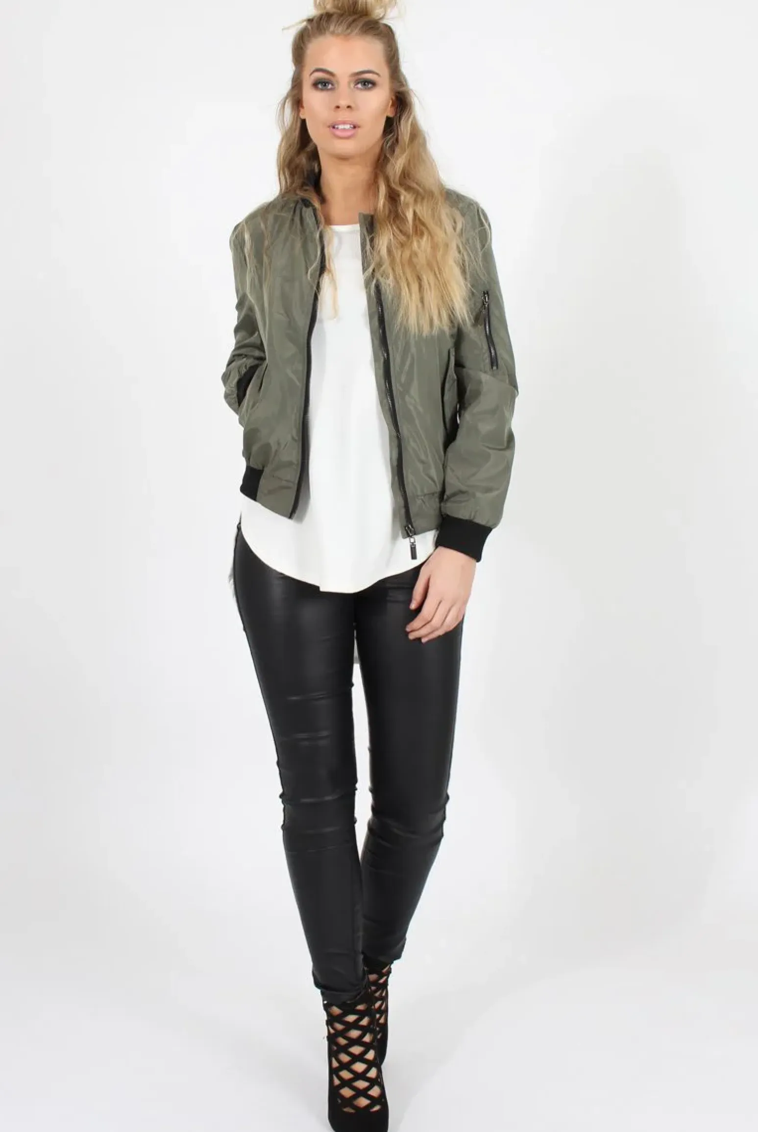 Rebellious Fashion Khaki Black Zip Bomber Jacket - Minah