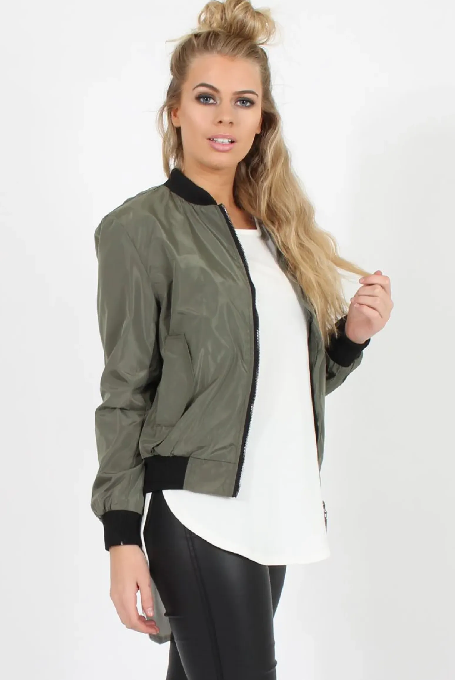 Rebellious Fashion Khaki Black Zip Bomber Jacket - Minah