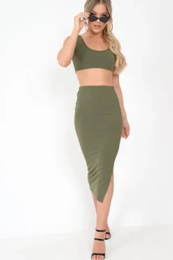 Rebellious Fashion Khaki Bodycon Skirt And Crop Top Co-Ord - Loyola
