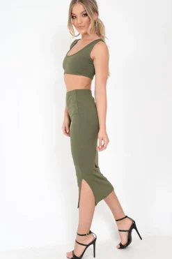 Rebellious Fashion Khaki Bodycon Skirt And Crop Top Co-Ord - Loyola