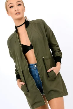 Rebellious Fashion Khaki Bomber Style Long Jacket - Brea