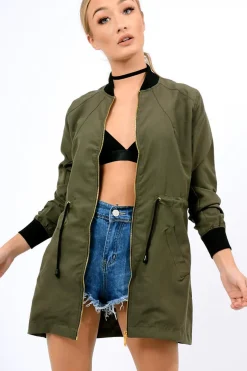 Rebellious Fashion Khaki Bomber Style Long Jacket - Brea