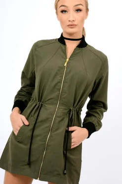 Rebellious Fashion Khaki Bomber Style Long Jacket - Brea