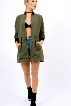 Rebellious Fashion Khaki Bomber Style Long Jacket - Brea