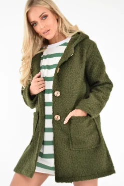 Rebellious Fashion Khaki Borg Button Front Hooded Coat - Idaliz