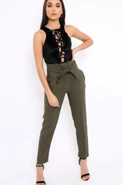 Rebellious Fashion Khaki Bow Belted Tapered Trousers - Miley