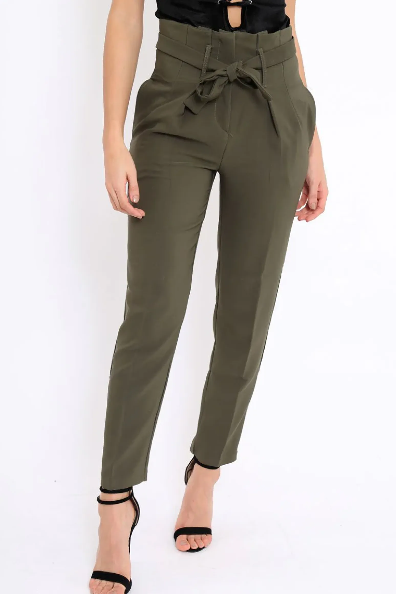 Rebellious Fashion Khaki Bow Belted Tapered Trousers - Miley