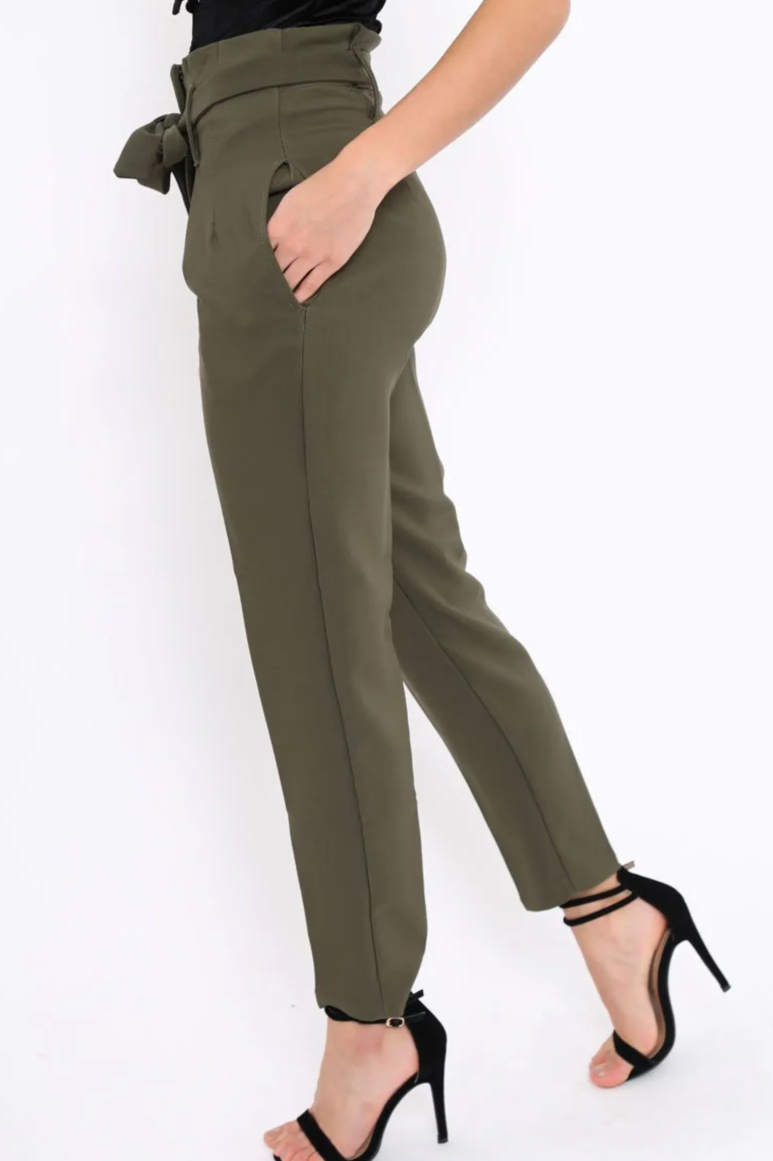 Rebellious Fashion Khaki Bow Belted Tapered Trousers - Miley