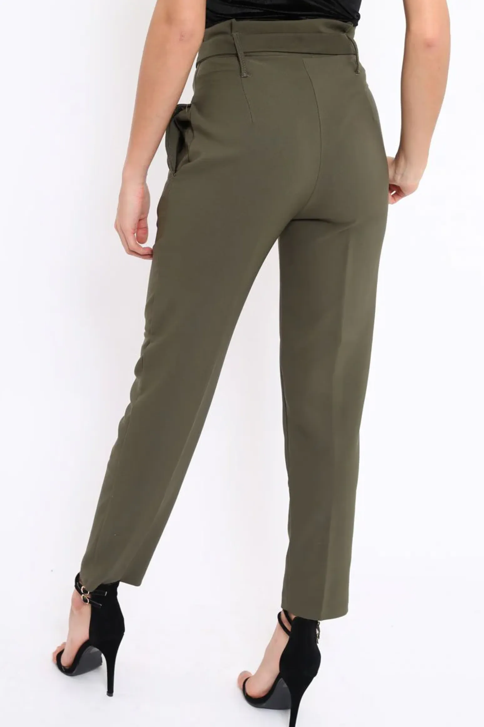 Rebellious Fashion Khaki Bow Belted Tapered Trousers - Miley