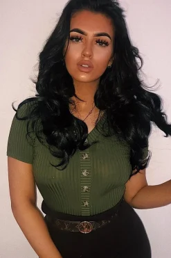 Rebellious Fashion Khaki Button Front Short Sleeved Bodysuit - Danai