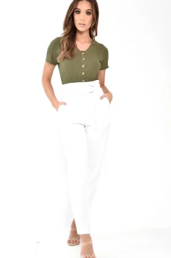 Rebellious Fashion Khaki Button Front Short Sleeved Bodysuit - Danai