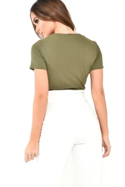 Rebellious Fashion Khaki Button Front Short Sleeved Bodysuit - Danai