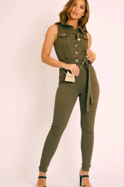 Rebellious Fashion Khaki Button Front Sleeveless Jumpsuit - Faven