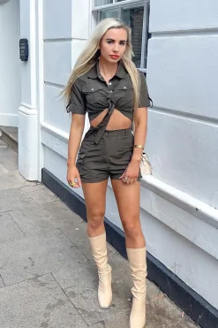 Rebellious Fashion Khaki Button Front Utility Shirt & Shorts Set - Galia