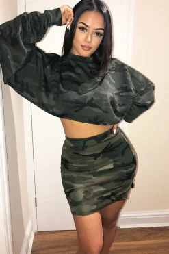 Rebellious Fashion Khaki Camo Cropped Batwing Jumper - Lizy
