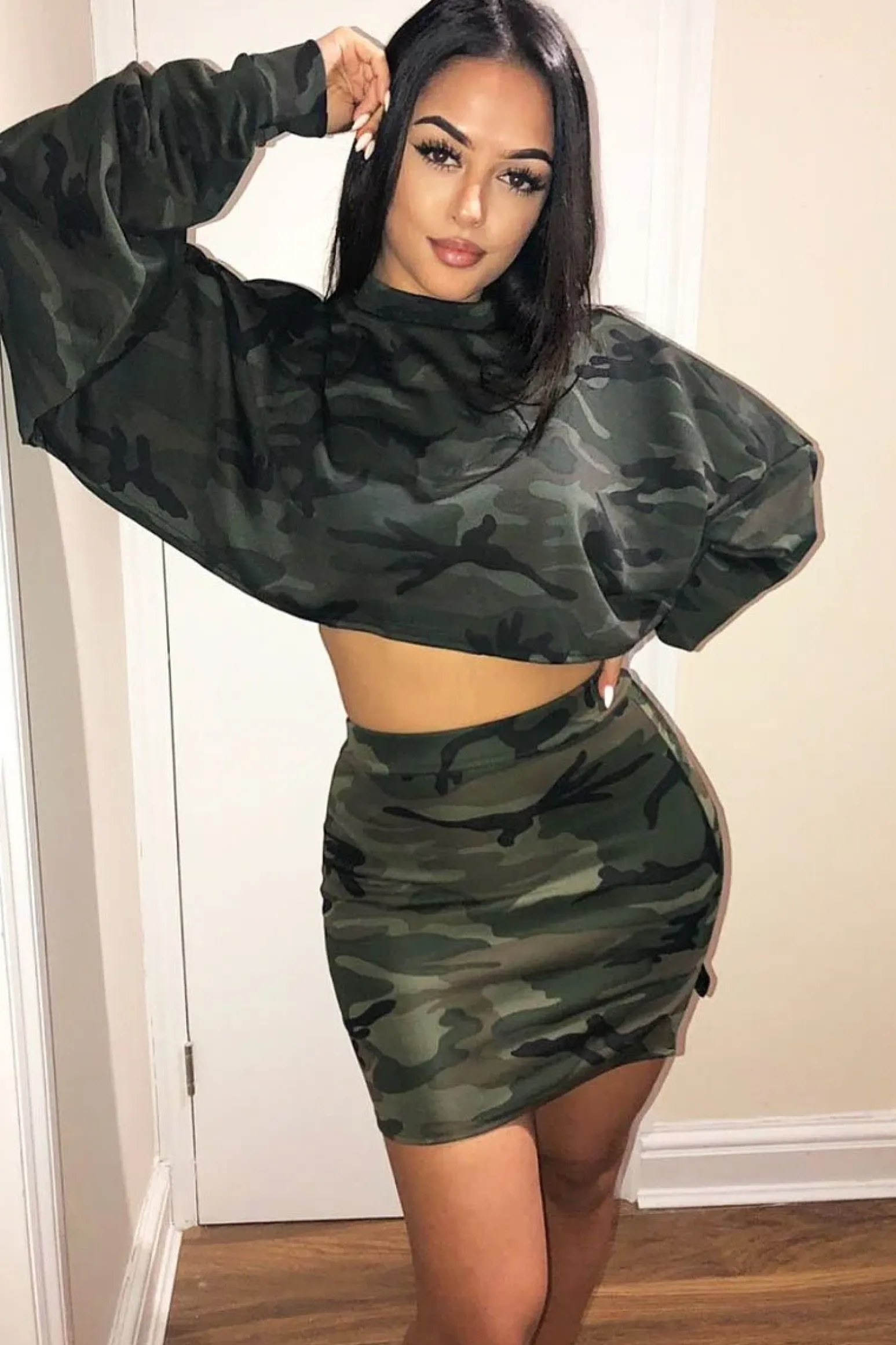 Rebellious Fashion Khaki Camo Cropped Batwing Jumper - Lizy