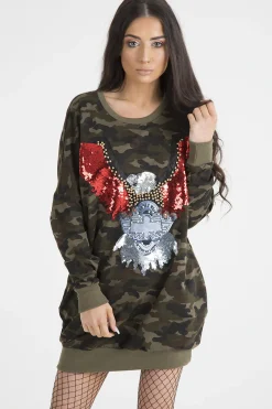 Rebellious Fashion Khaki Camo Eagle Jumper Dress - Maria