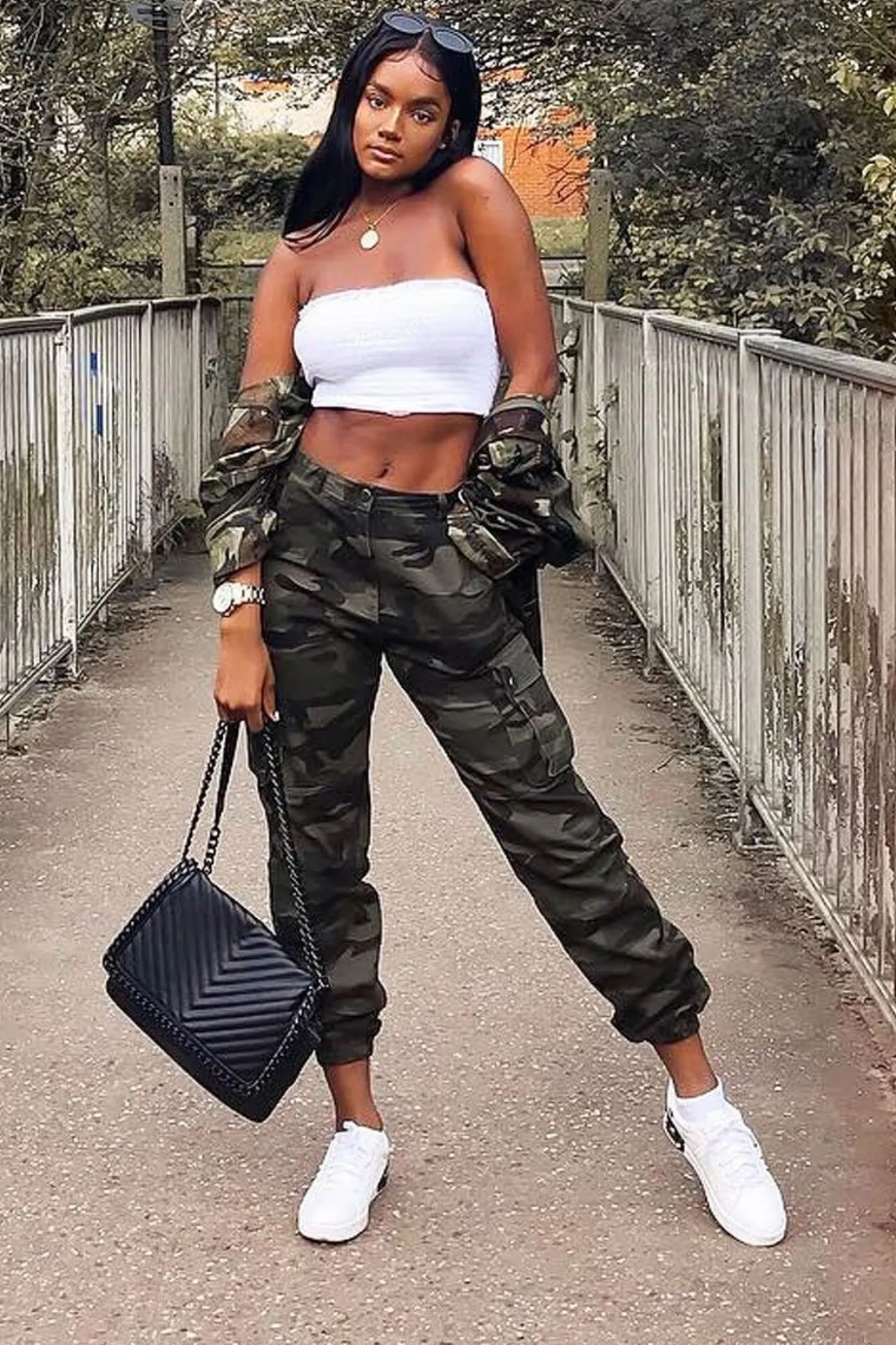 Rebellious Fashion Khaki Camo Printed Cargo Trousers - Vivi