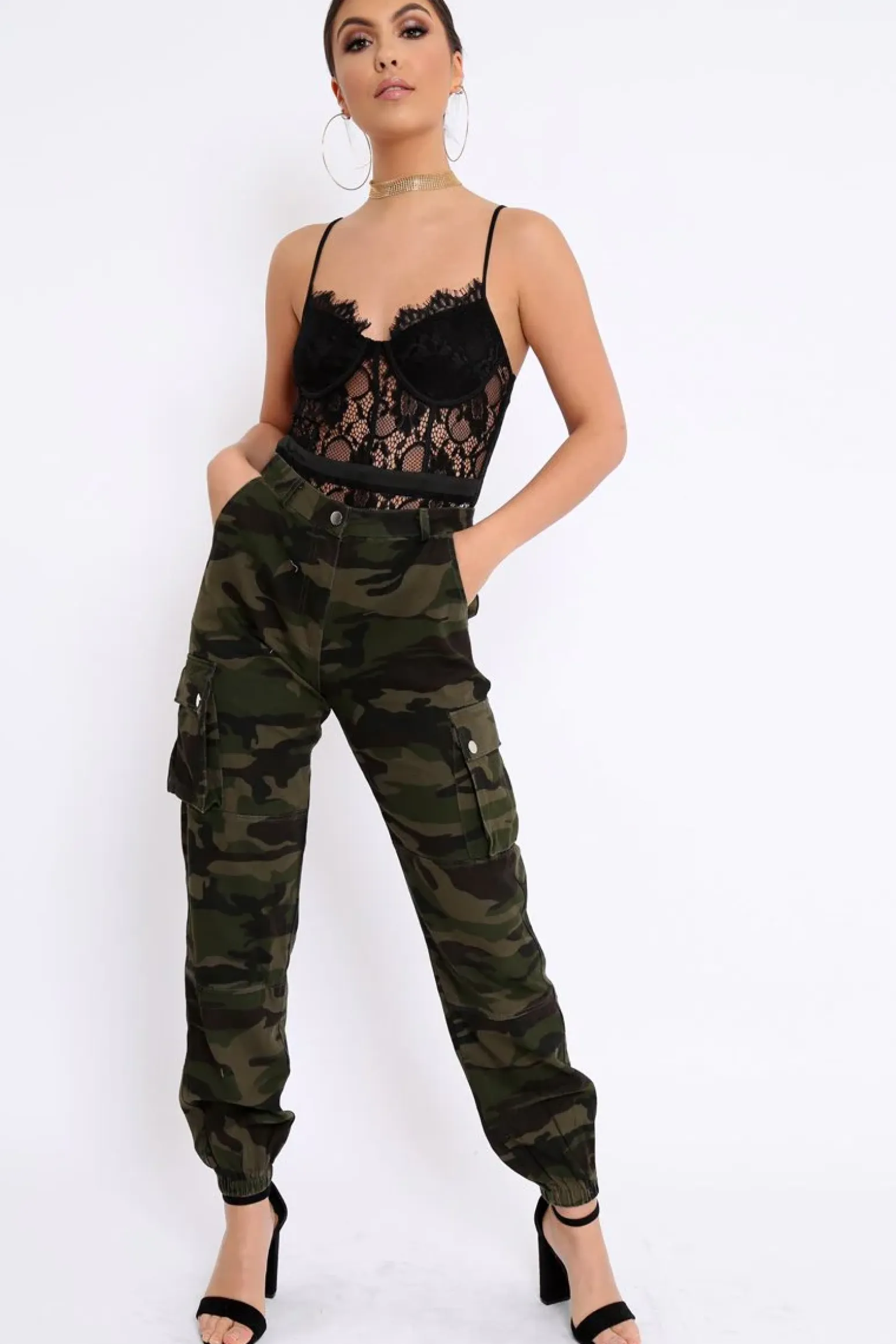 Rebellious Fashion Khaki Camo Printed Cargo Trousers - Vivi