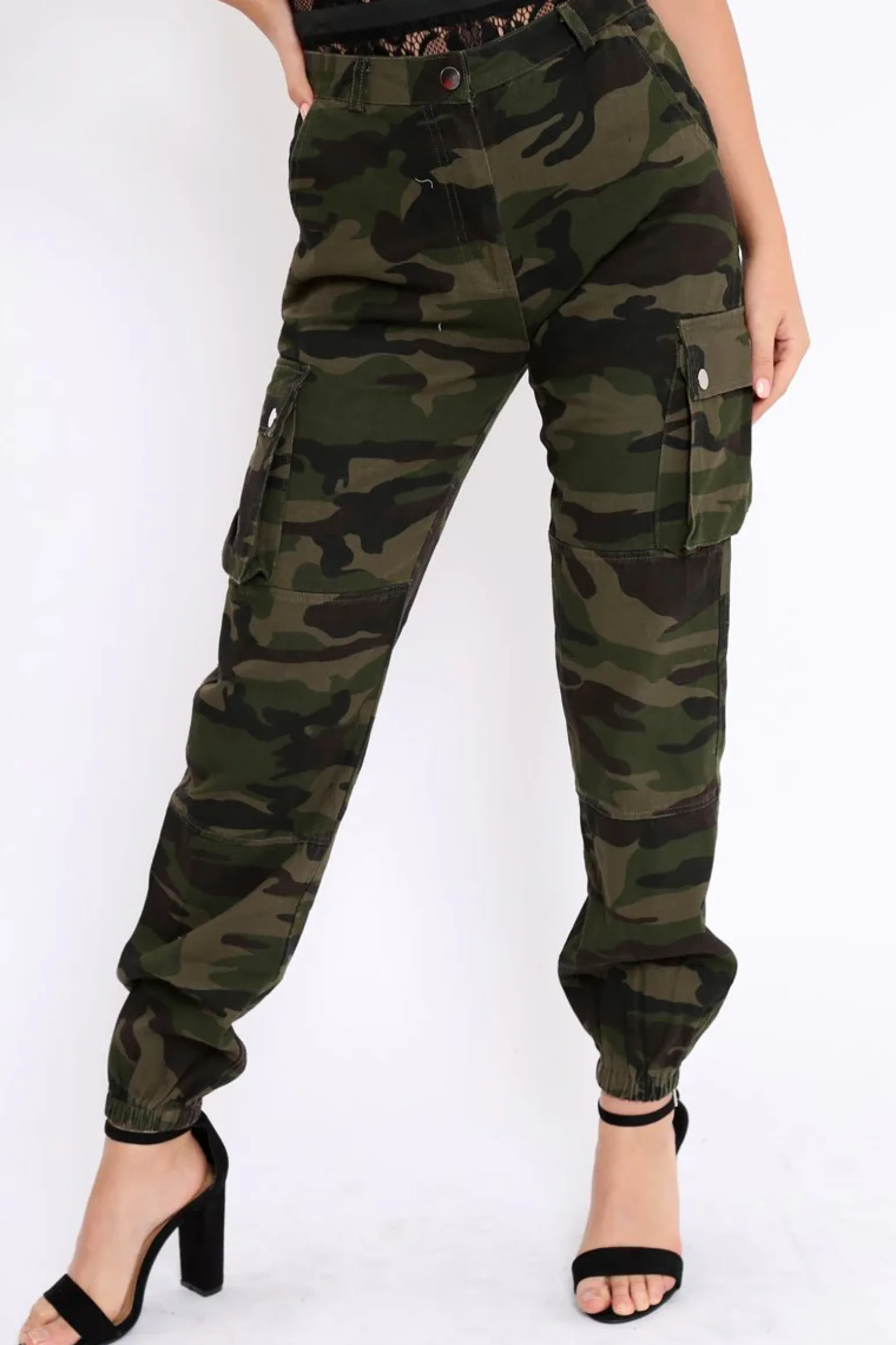 Rebellious Fashion Khaki Camo Printed Cargo Trousers - Vivi