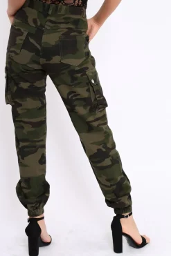 Rebellious Fashion Khaki Camo Printed Cargo Trousers - Vivi