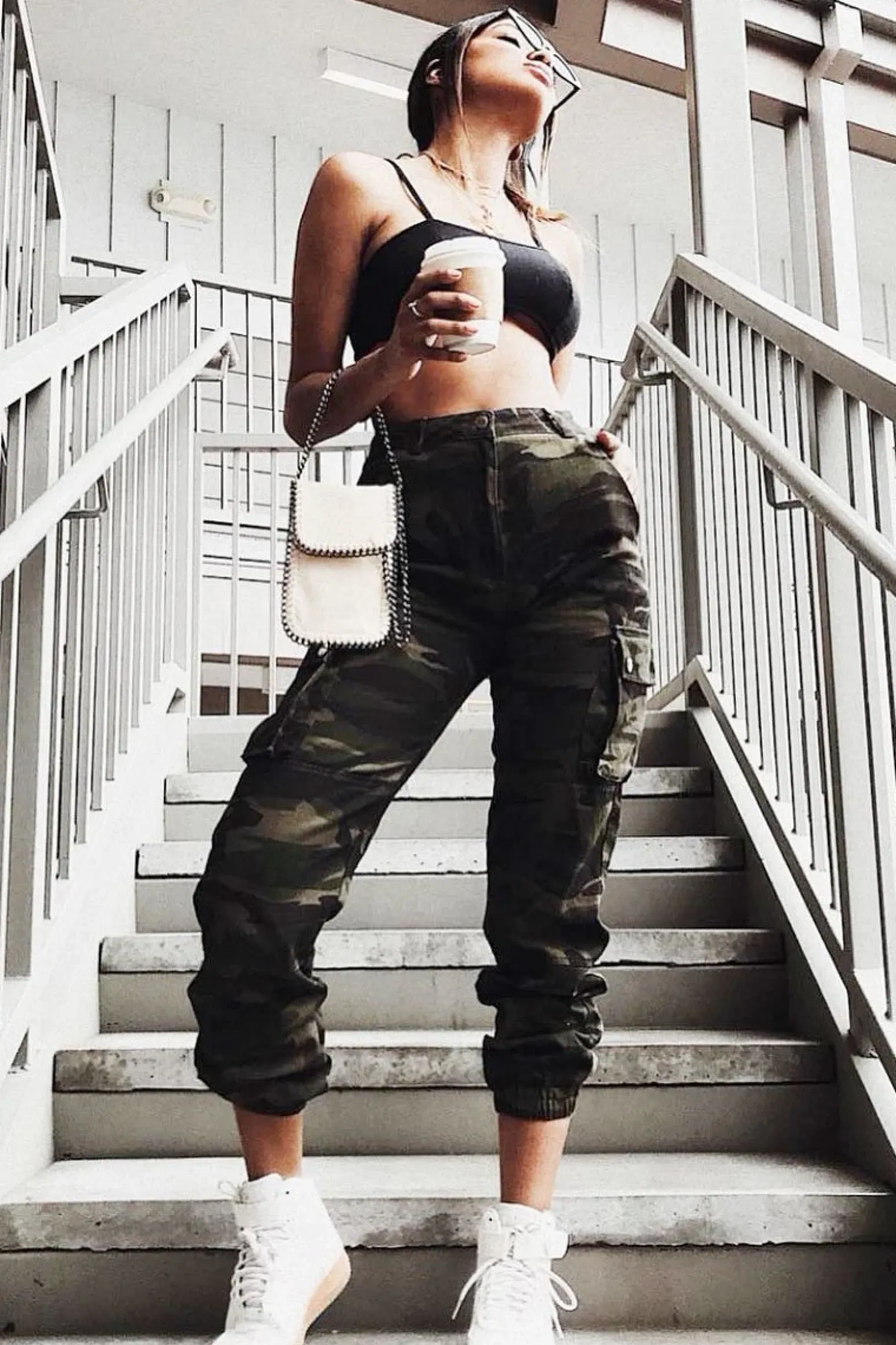 Rebellious Fashion Khaki Camo Printed Cargo Trousers - Vivi