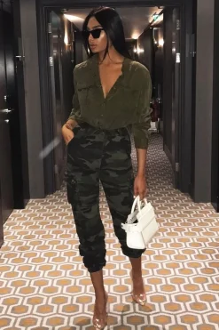 Rebellious Fashion Khaki Camo Printed Cargo Trousers - Vivi