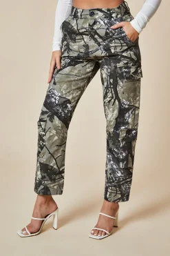 Rebellious Fashion Khaki Camo Print Straight Leg Cargo Trousers - Hikari