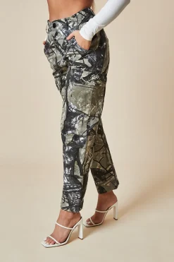 Rebellious Fashion Khaki Camo Print Straight Leg Cargo Trousers - Hikari