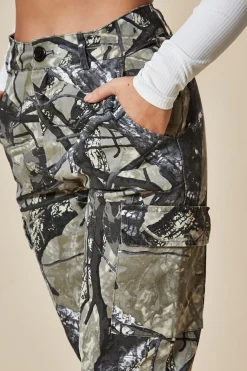 Rebellious Fashion Khaki Camo Print Straight Leg Cargo Trousers - Hikari