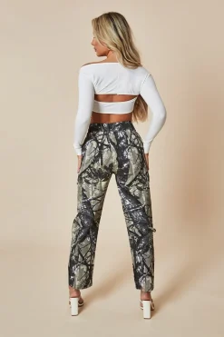 Rebellious Fashion Khaki Camo Print Straight Leg Cargo Trousers - Hikari